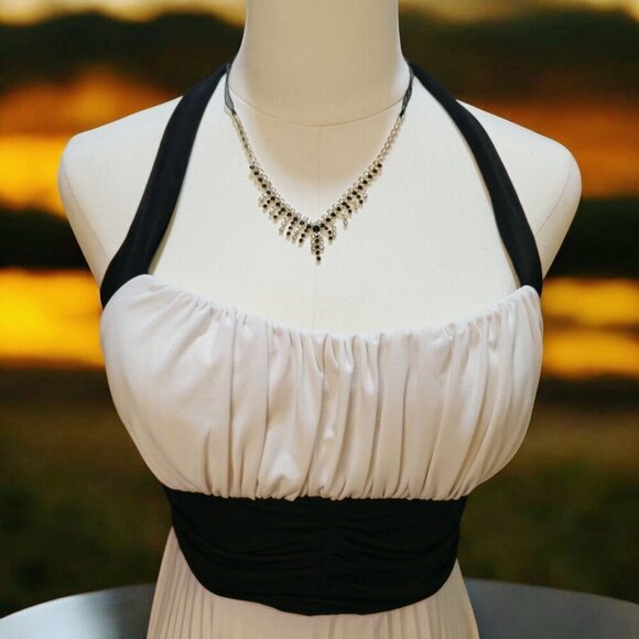 Speechless ✦ White & Black Halter Pleated Dress ✦ Formal Midi w/ Ruched Waist L - Picture 7 of 12